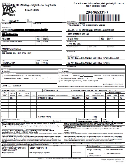 LTL bill of lading for further international shipping from USA